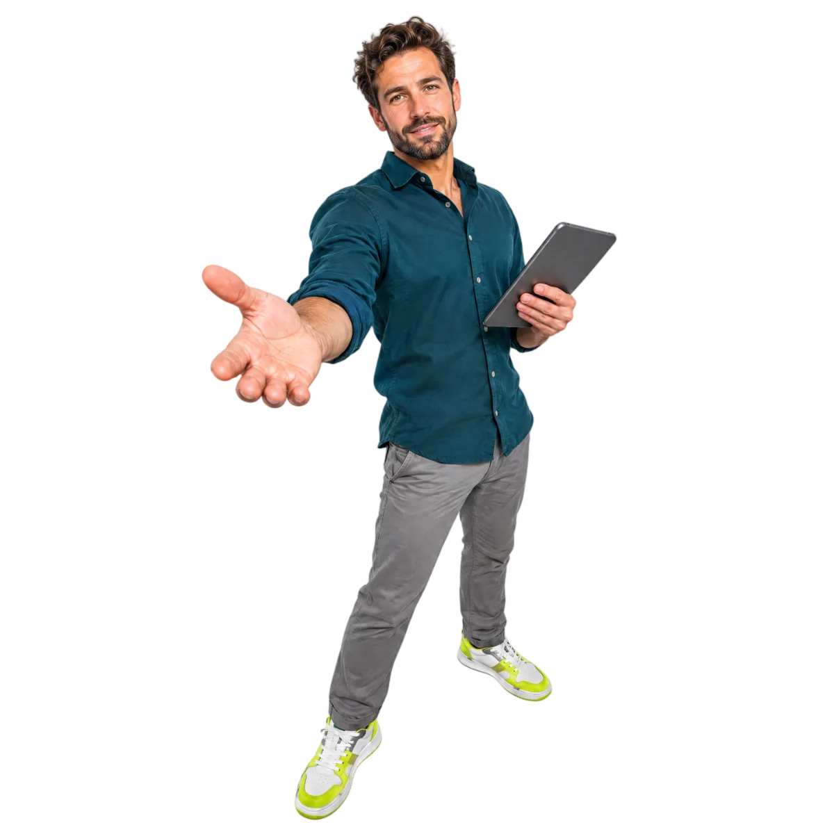 Vertriebsmitarbeiter mit Tablet streckt einladend die Hand entgegen