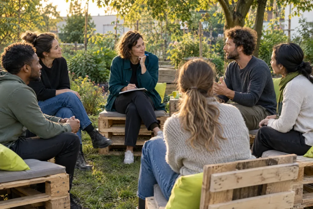 Ein Team sitzt im Garten im Kreis auf Palettenbänken, eine Trainerin hört zu und notiert