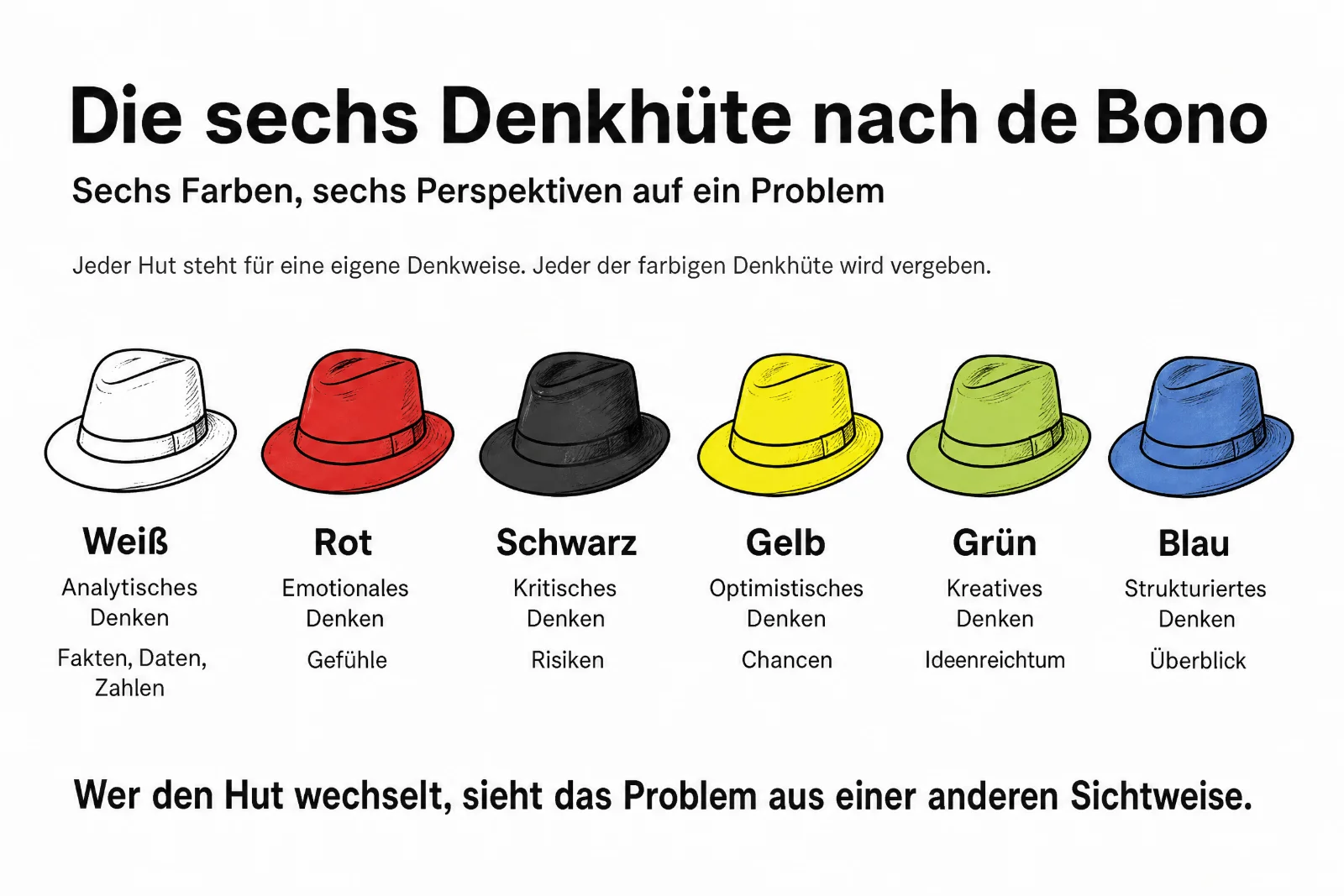 Infografik der sechs Denkhüte nach de Bono: Weiß analytisches, Rot emotionales, Schwarz kritisches, Gelb optimistisches, Grün kreatives und Blau strukturiertes Denken.