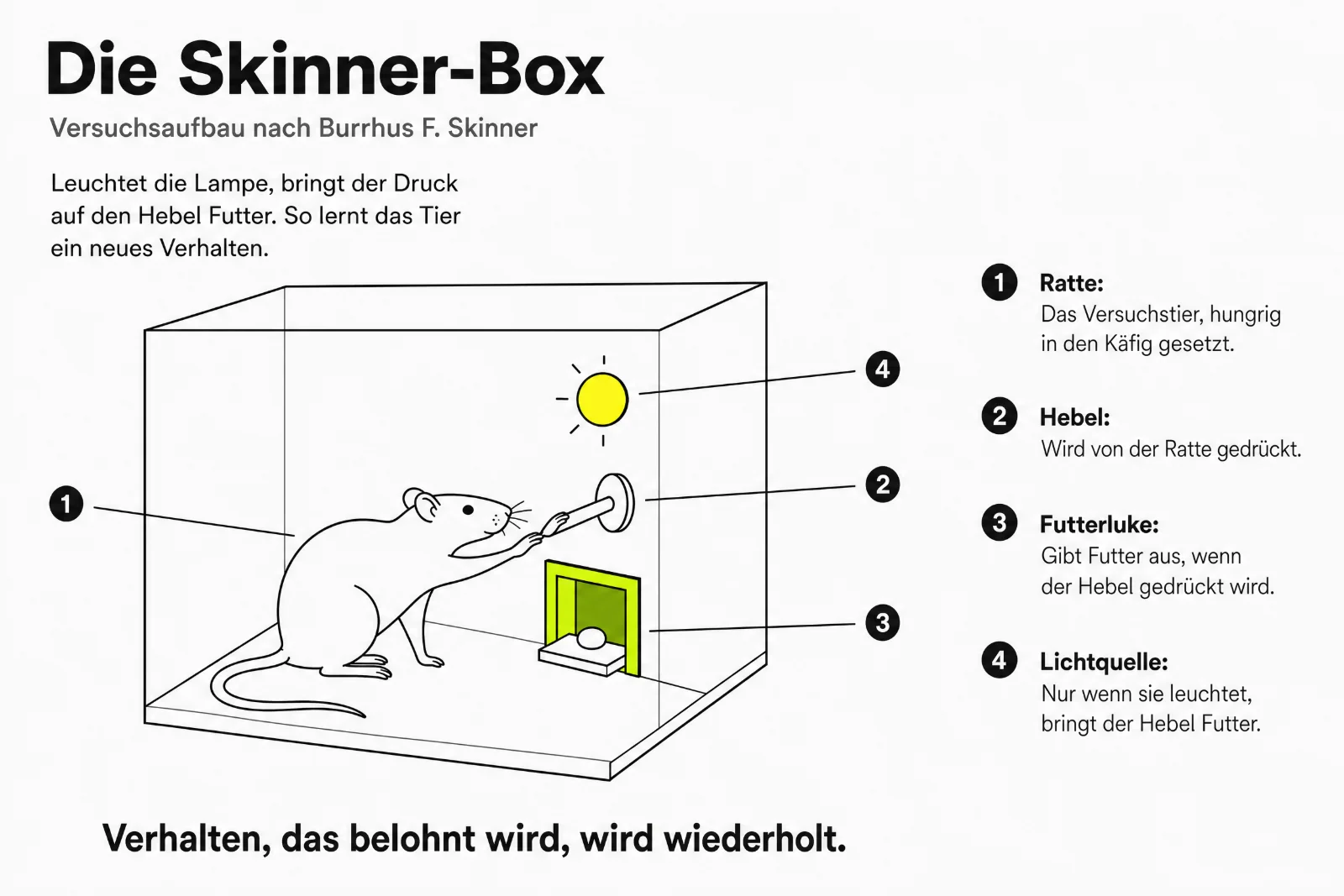 Infografik: Die Skinner-Box, gezeichneter Versuchsaufbau nach Burrhus F. Skinner mit vier beschrifteten Teilen: 1 Ratte, 2 Hebel, 3 Futterluke, 4 Lichtquelle.