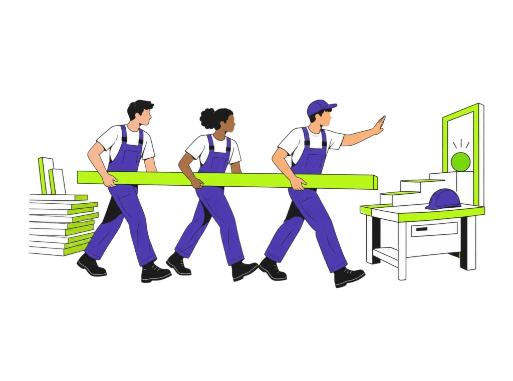 Drei Lehrlinge in Arbeitskleidung tragen gemeinsam ein langes Brett durch die Werkstatt, die vordere gibt ein Handzeichen