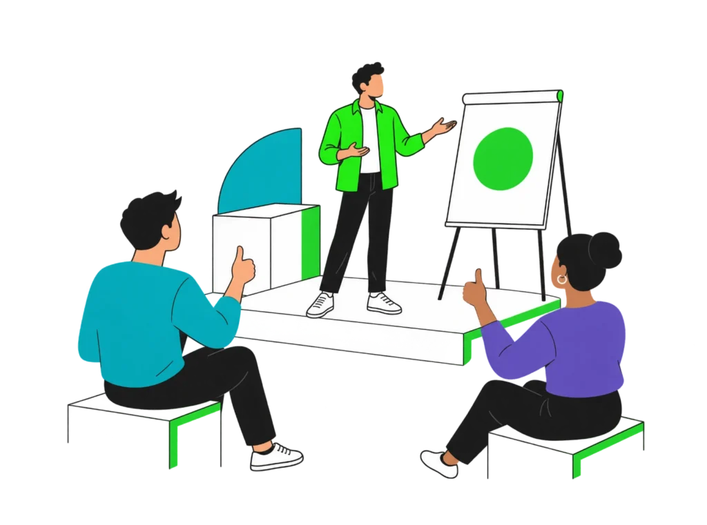 Ein Lehrling präsentiert auf einer kleinen Bühne neben einem Flipchart, zwei Kolleg:innen geben mit erhobenem Daumen Feedback