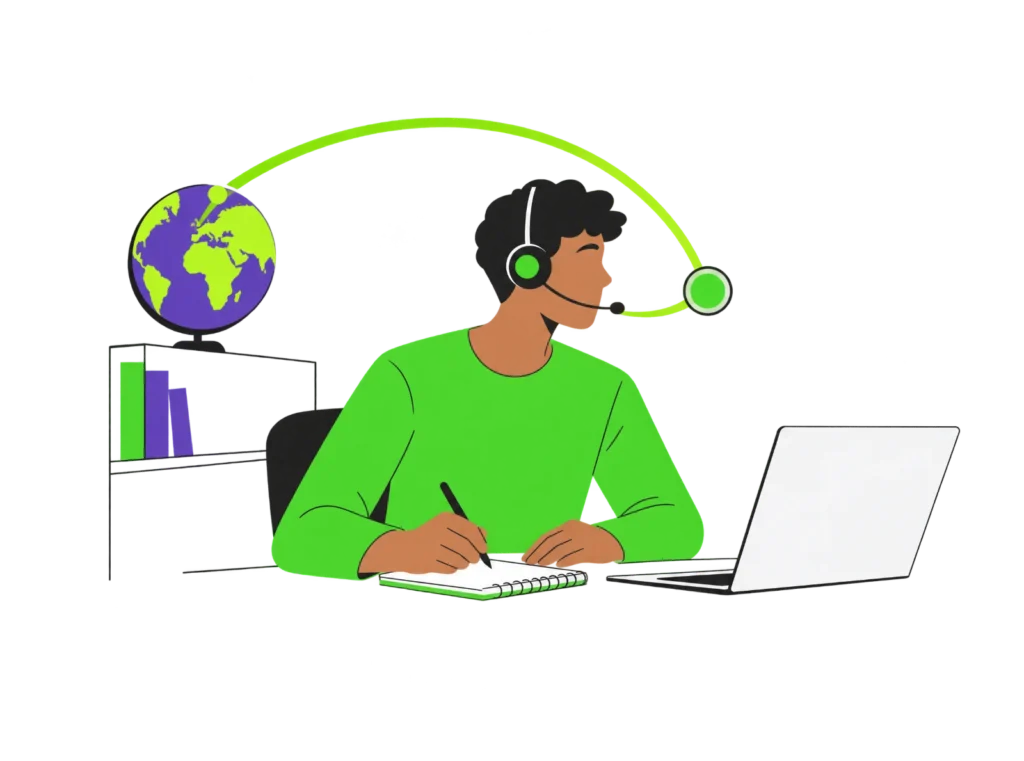 Ein Lehrling telefoniert mit Headset am Laptop und macht Notizen, ein Bogen führt von einer Weltkugel im Regal zu seinem Headset