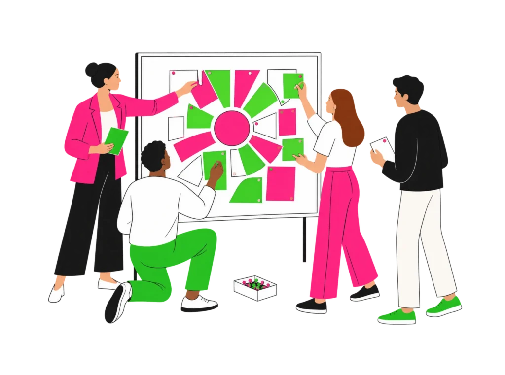 Eine Trainerin und drei unterschiedliche Teilnehmende heften Karten in Pink, Grün und Weiß zu einem gemeinsamen Mosaik an eine Pinnwand