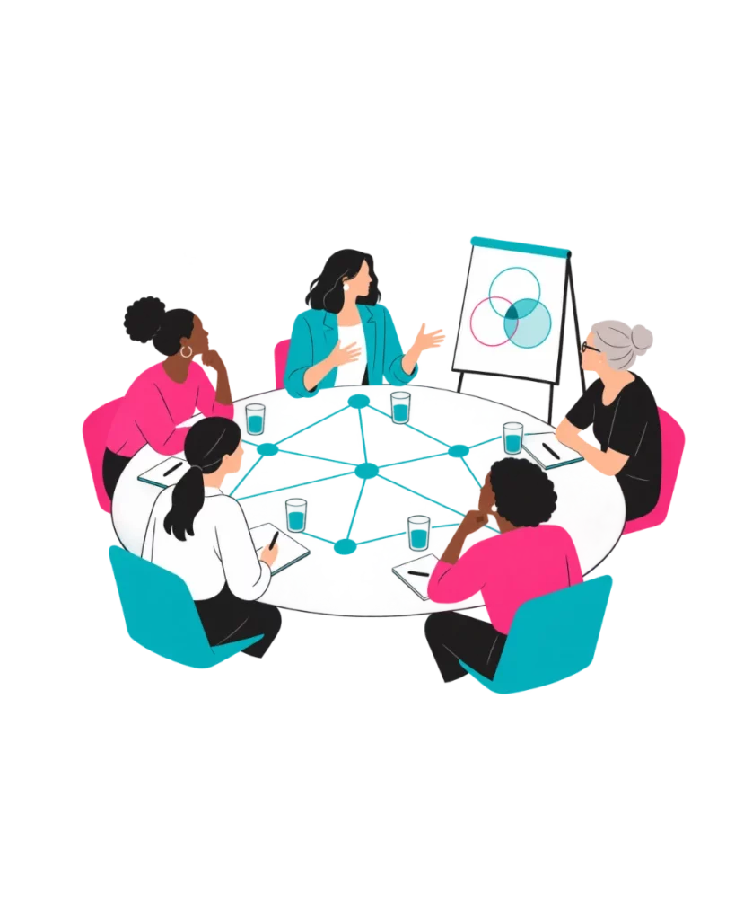 Illustration: Frauen in Führung im Gespräch an einem runden Tisch, verbunden durch Netzwerk-Linien