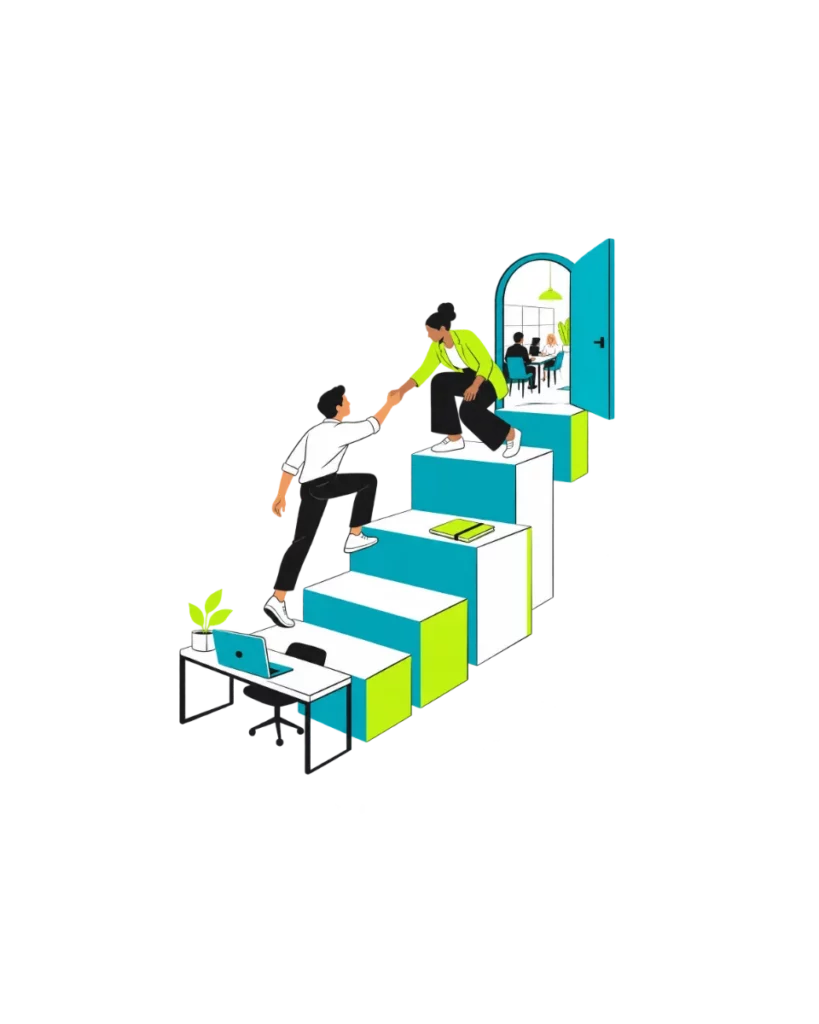 Illustration: Eine junge Person steigt eine Stufe hinauf, eine erfahrene Kollegin reicht ihr die Hand