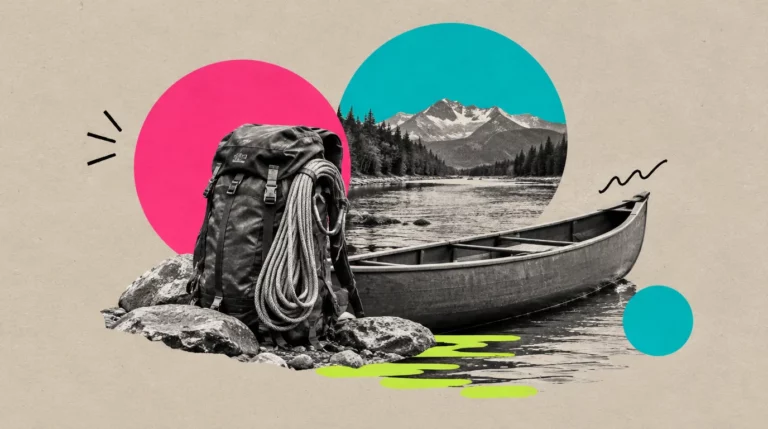 Collage: Ein Rucksack mit Seil an einem Bachufer, daneben ein Kanu