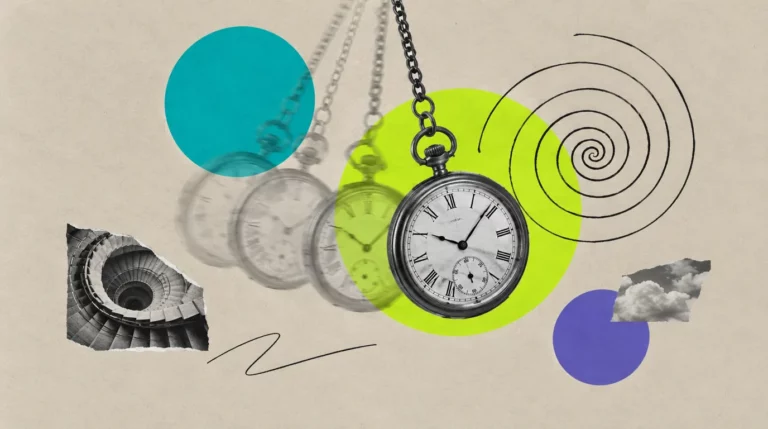 Collage: Eine Taschenuhr an einer Kette, die pendelt, gezeichnete Spiralen