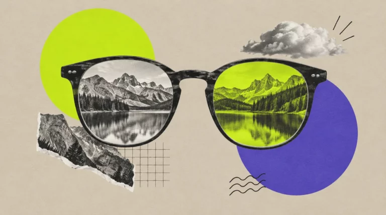 Collage: Eine Brille, durch deren Gläser man zwei verschiedene Ansichten einer Landschaft sieht