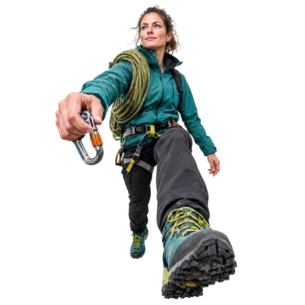 Outdoor-Trainerin mit Klettergurt, Seil und Karabiner beim großen Schritt nach vorne