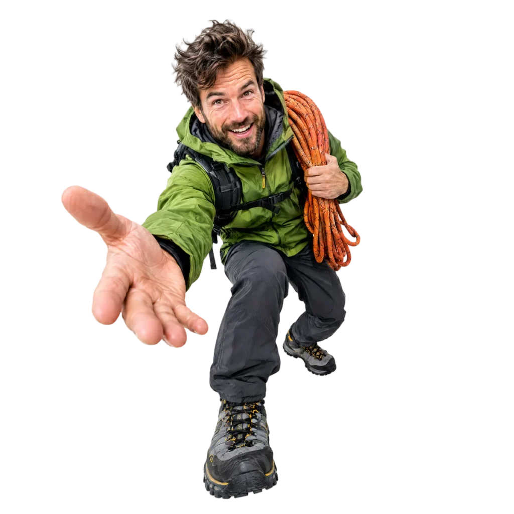 Outdoor-Trainer mit Kletterseil über der Schulter, der einladend die Hand ausstreckt