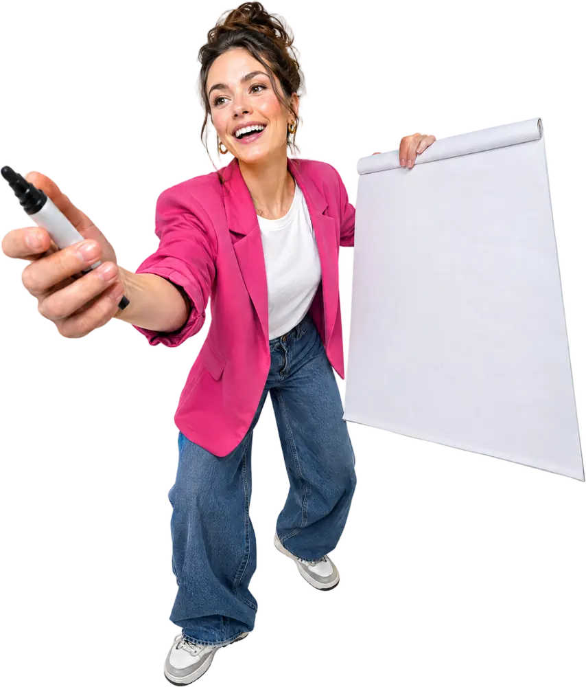 Trainerin mit Marker und Flipchart-Blatt lädt zum Mitmachen ein