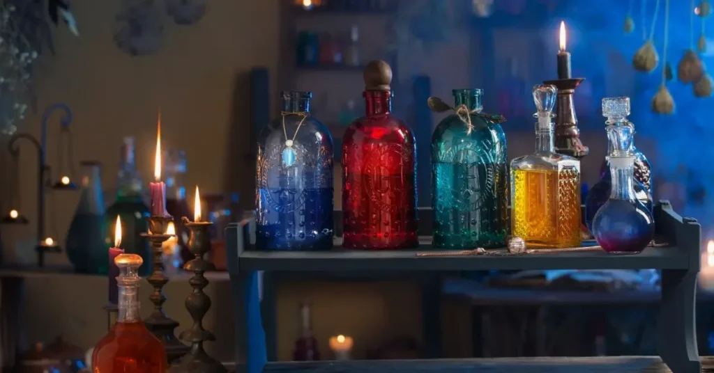 Bunte Glasflaschen und Kerzen in einer Hexenküche